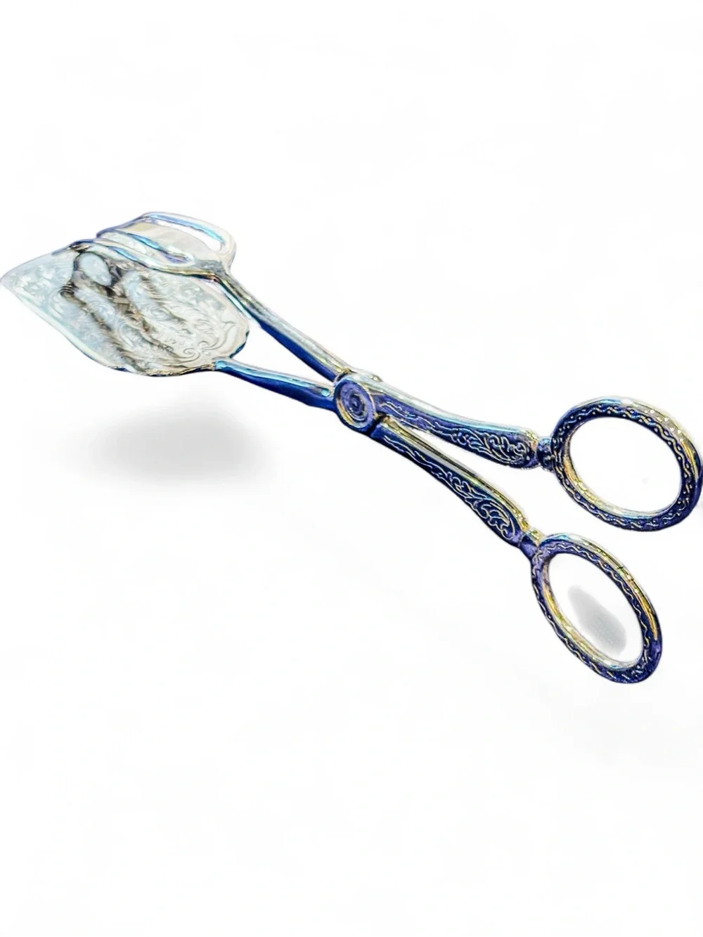 Vintage Silver Plate Pastry Tongs Ornate Floral Engraved Dessert Server